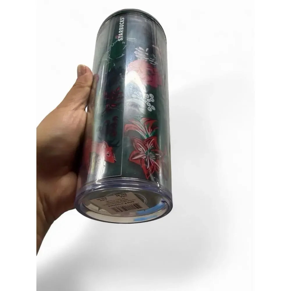NEW Starbucks Floral Cup with Lid and Flower Straw, Green Red Clear Coffee Tea